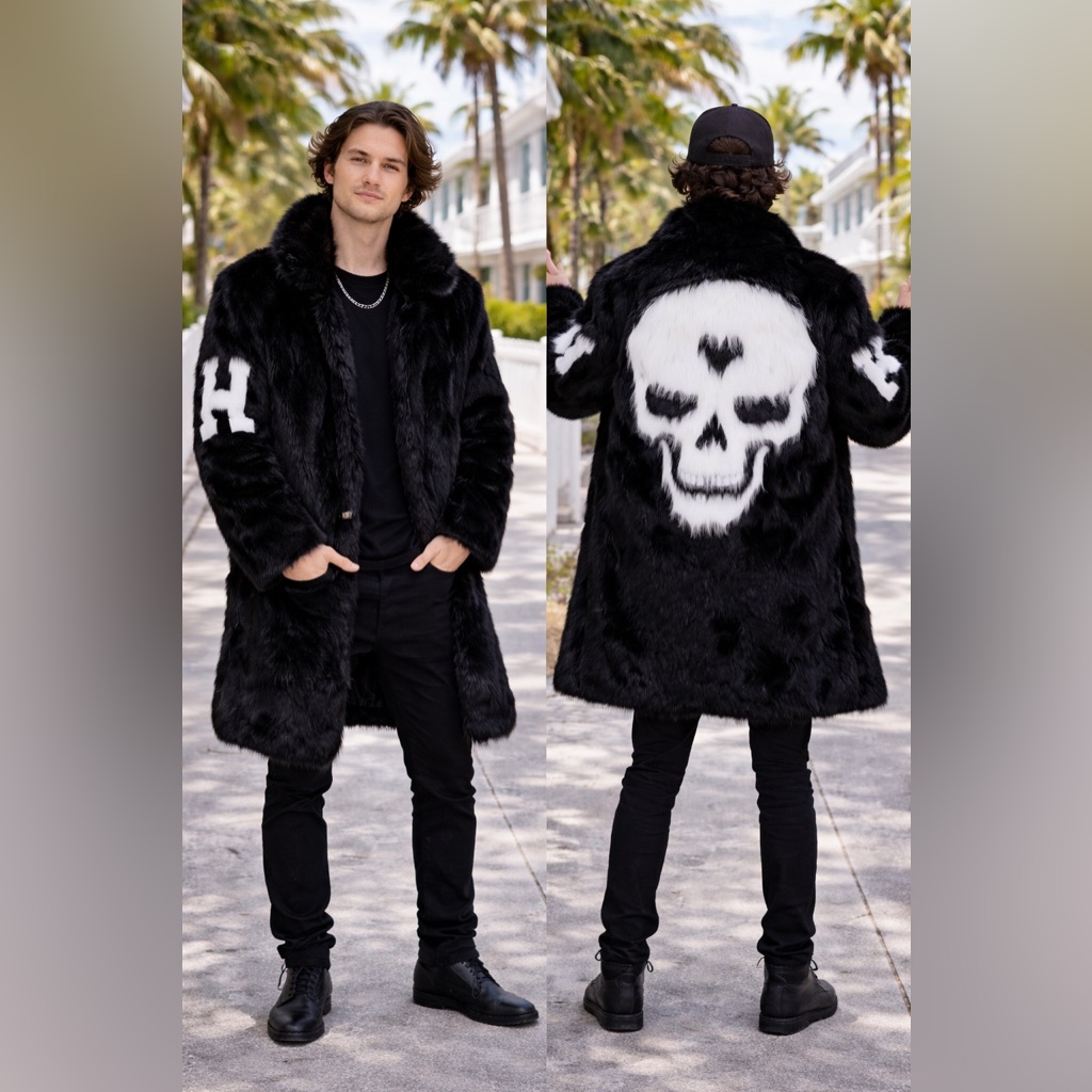 Nu Shuz Key West Black Faux Fur White Skull Back Graphic Midi Festival Coat